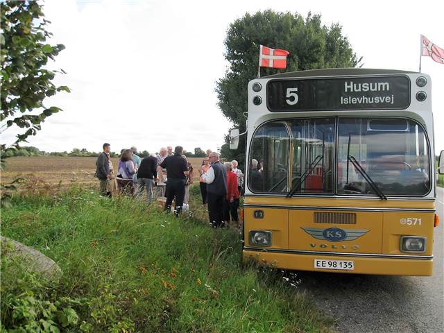 Bus Nr. 5 med flag. Stenen helt til venstre.